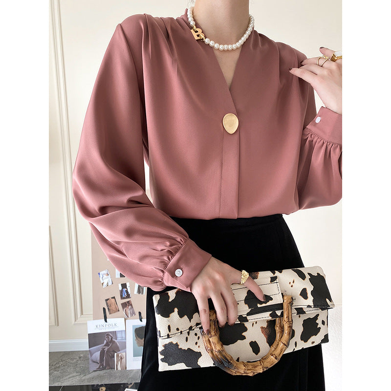 New Autumn New Commuter Satin-like Lantern Sleeve Shirt