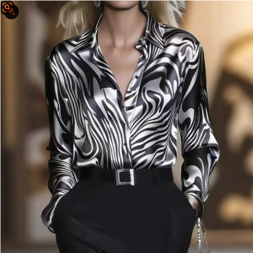 Fashionable Abstract Animal Print Satin Commuter Slim-fit Long-sleeve Shirt