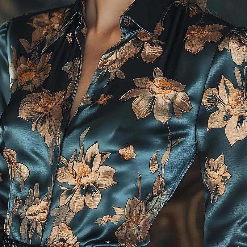 Women's Elegant Satin Lapel Long Sleeve Full Button Shirt Spring Autumn Fashion Tapered Waist Design With Sheen