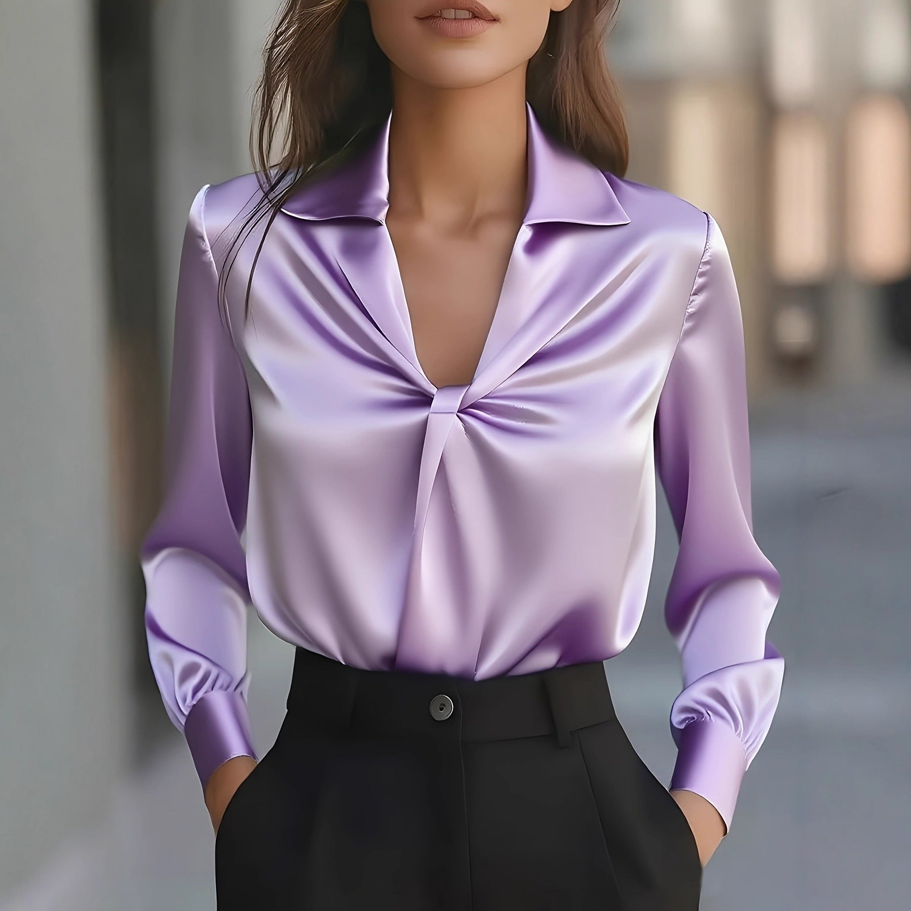 Autumn Fashion Temperament Solid Color Satin Pleated Long Sleeve Shirt Women