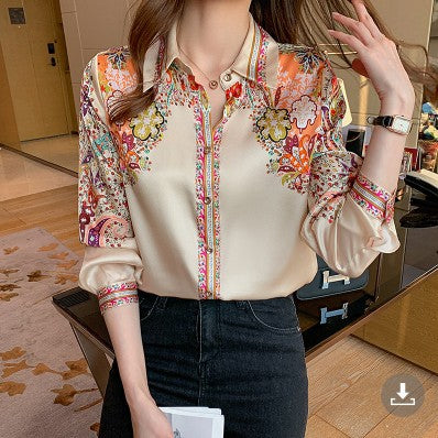 Retro Positioning Printed Top Satin Long Sleeve Shirt