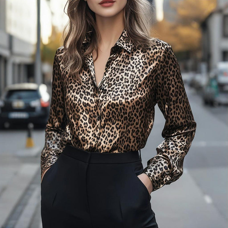 Women's Elegant Satin Lapel Long Sleeve Full Button Shirt Spring Autumn Fashion Tapered Waist Design With Sheen