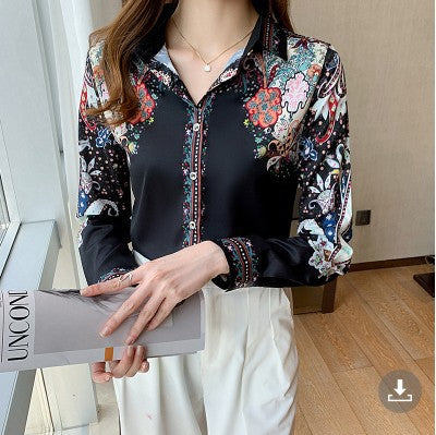 Retro Positioning Printed Top Satin Long Sleeve Shirt