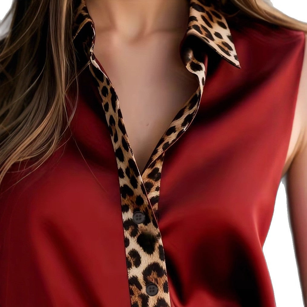 Womens Long-Sleeve Leopard-Print Crew-Neck Spliced Satin Shirt
