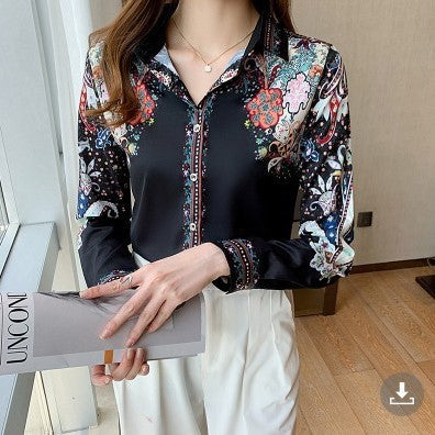 Retro Positioning Printed Top Satin Long Sleeve Shirt