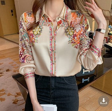 Retro Positioning Printed Top Satin Long Sleeve Shirt