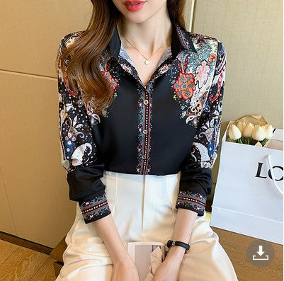 Retro Positioning Printed Top Satin Long Sleeve Shirt