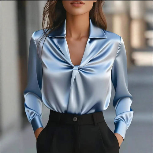 Autumn Fashion Temperament Solid Color Satin Pleated Long Sleeve Shirt Women